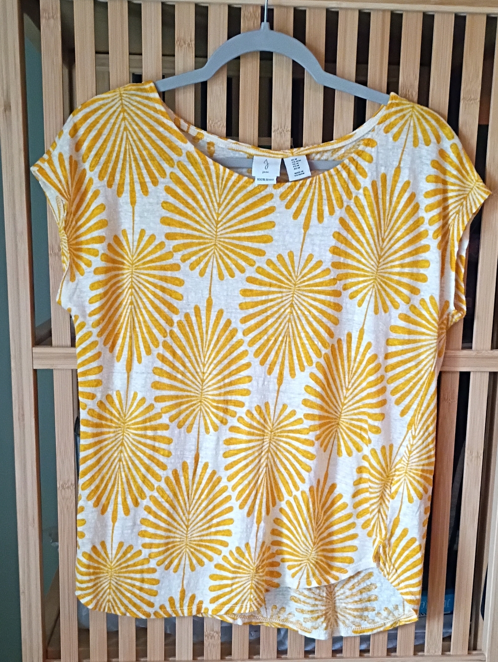 Joie 100% Linen Sunburst Palm Leaf Print Tee Top Yellow Size M
